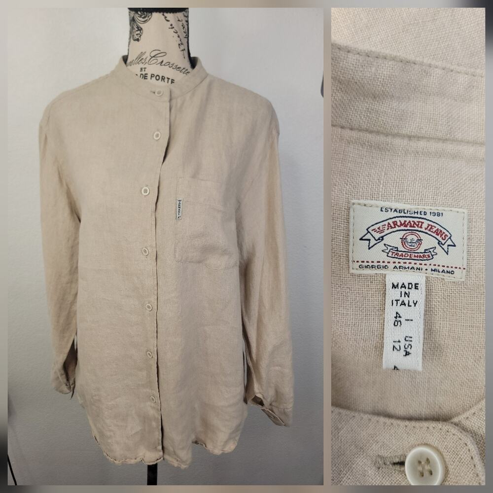 Armani Shirt Womens SZ 12 Mandarin Collar Italy Top Blouse 100% Linen Sand